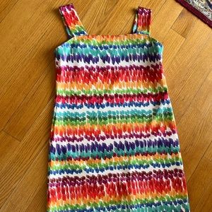 Sara Campbell shift-style sundress with bra guides. Just above knee height.